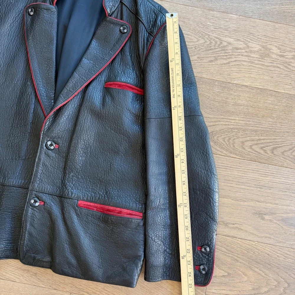 Vintage Mens Black Leather Blazer Jacket Red Trim Western Style‎ Size 50